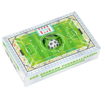 Essbarer Fußballrasen Box, 75 g grüne Fruchtgummi Schnüre mit Apfelgeschmack und Fußball Kaugummi
