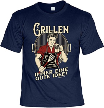 Grill T-Shirt für Männer – Grillen – Immer eine Gute Idee – Herren Shirts Blau Lustiges Geschenk-Set Bedruckt mit Grillmeister-Urkunde
