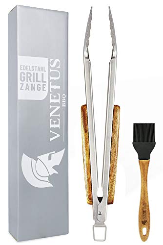 VENETUS-BBQ Grillzange und Grillpinsel aus edlem Akazienholz | Premium Grillzange XL mit 45 cm extra lang aus Edelstahl | Hochwertiges Grillzubehör | Ideales Grill-Geschenk