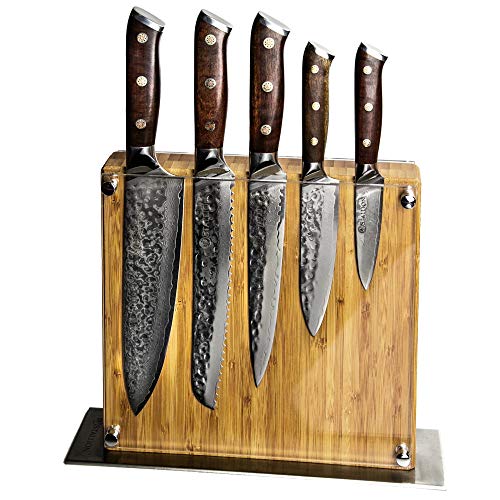 Stallion » Damastmesser Ironwood Messerset – Messer aus Damaststahl und mit Griff aus Eisenholz inklusive Messerblock Vorschaubild