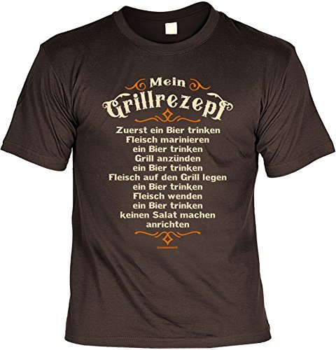 Grill T-Shirt für Männer – Mein Grillrezept – Zuerst EIN Bier – Herren Shirts braun lustiges Geschenk-Set Bedruckt mit Grillmeister-Urkunde Vorschaubild
