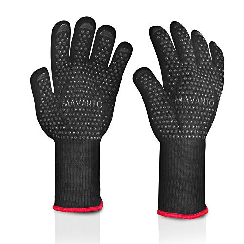 MAVANTO Grillhandschuhe EXTRA LANG hitzebeständig bis zu 500 Grad – perfekt auch am Ofen – Profi BBQ Handschuhe mit Unterarmschutz (Schwarz, S/M) Vorschaubild
