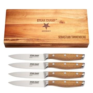 Steakchamp Premium Steakmesser-Set 4 Musketeer 4-teilig mit persönlicher Laser-Gravur auf der Holzbox