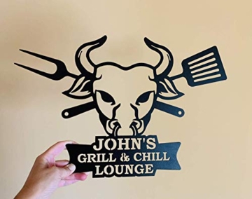 Personalisierter Schild Grill and Chill Lounge BBQ Zeichen Grillen Kunst Wand-Dekor Wanddekoration Einweihungsgeschenk Wandschild, Metall Blechschild Dad's BBQ Wandbehang Barbecue Stierkopf Bull Head - 8