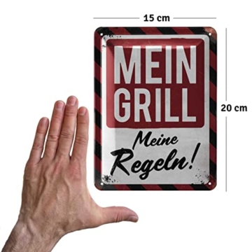 Retro Blechschilder Grillen - MEIN GRILL MEINE REGELN - BBQ Grill Retro Deko - Grillplatz Schild Garten - Geschenk für Papas Grillecke Schild - Schilder mit Sprüchen und Stanzung in 15x20 cm - 3