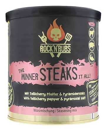ROCK’N’RUBS Grillgewürz The Winner steaks it all – BBQ Rub zum Grillen mit Pyramidensalz & Telicherry Pfeffer – 140 g